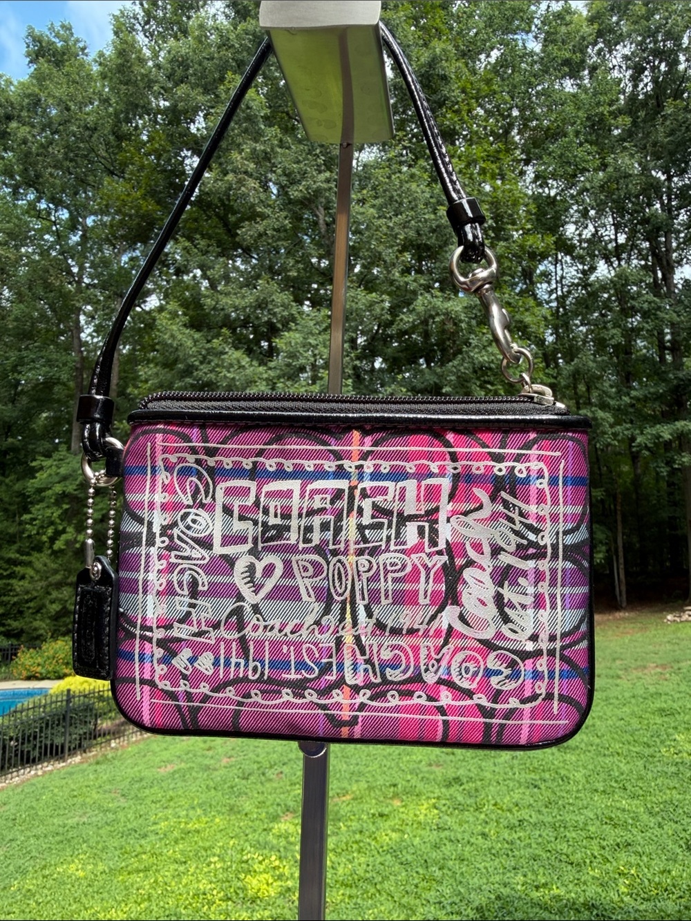Coach Poppy Pink Plaid Graphic Wristlet GUC - Picture 3 of 15